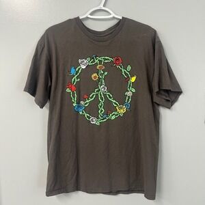 D&M Its About the Art Mens Large Gray Peace Sign Floral Roses Graphic T-Shirt